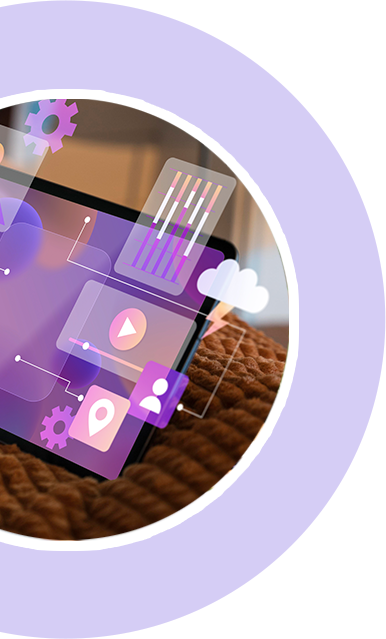 Abstract digital interface icons on a tablet screen symbolizing modern website development and app integration.
