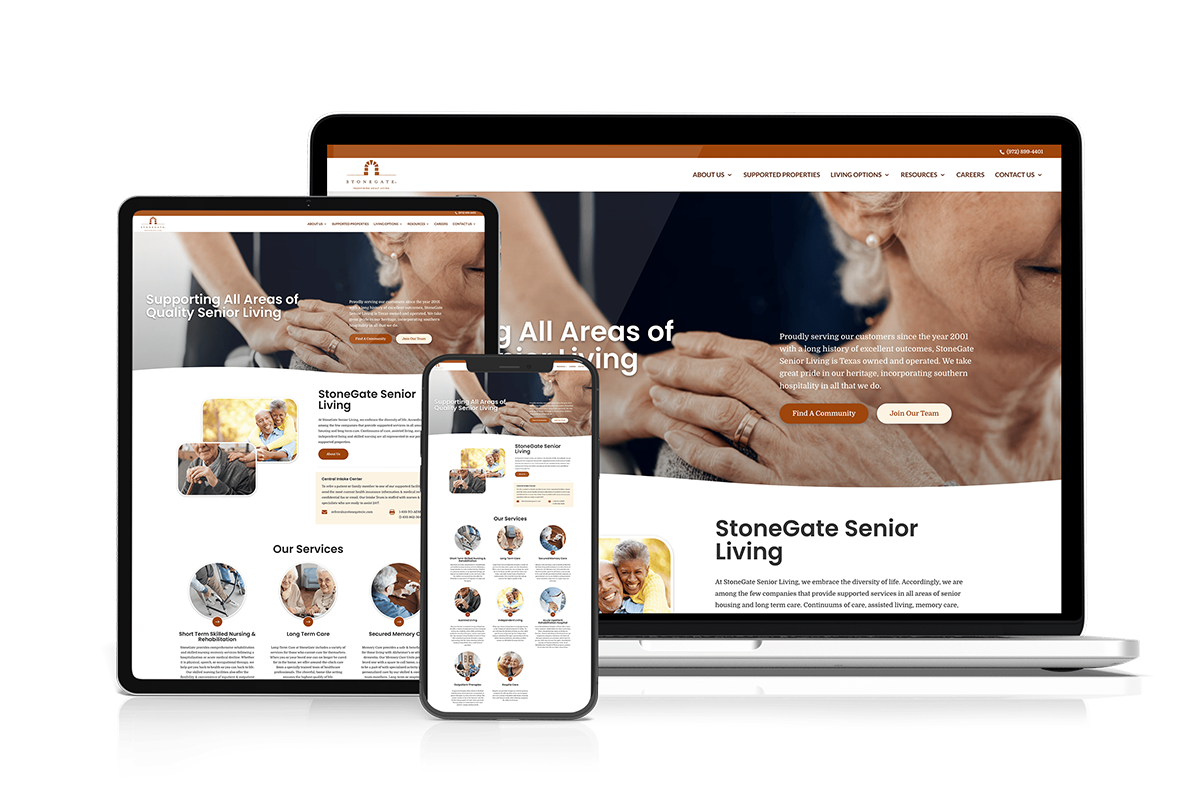 Stonegate Senior Living website on computer, tablet, and cellphone
